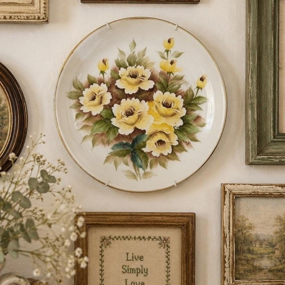 Vintage Hand Painted Decorative Plate Yellow Roses Gold Rim Floral Art Display